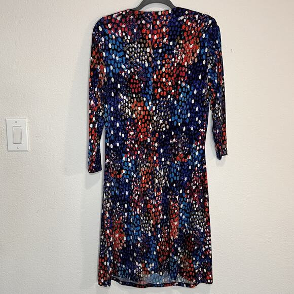 Calvin Klein Faux Wrap Dress Plus Size 18W Blue Colorful Dot Print Ruched Jersey - Picture 12 of 15